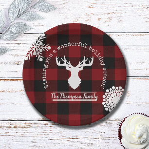 Red and Black Buffalo Plaid Reindeer Family Name Paper Plate