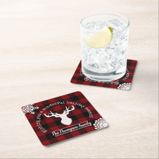 Red and Black Buffalo Plaid Reindeer Family Name Square Paper Coaster