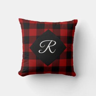 red and black Buffalo Plaid with monogram Cushion