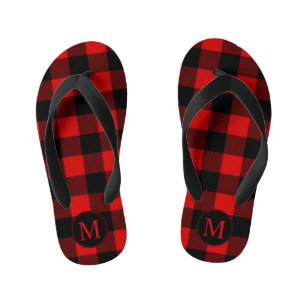Red and Black Buffalo Plaid with Monogram Kid's Thongs