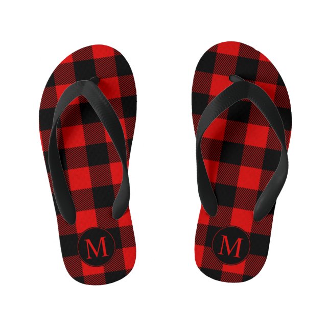 Red and Black Buffalo Plaid with Monogram Kid's Thongs (Footbed)