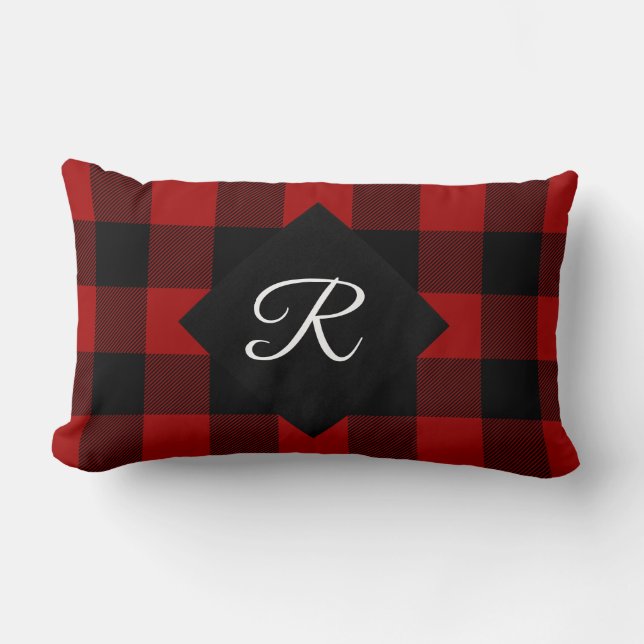 red and black Buffalo Plaid with monogram Lumbar Cushion (Front)