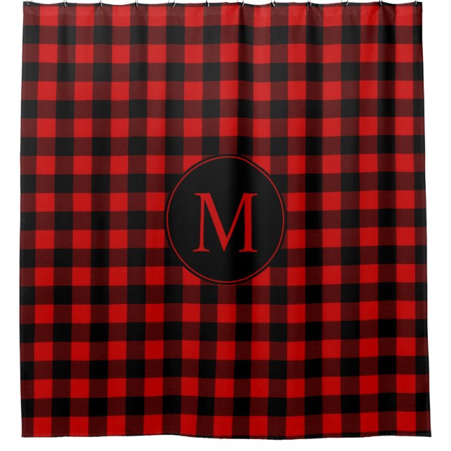 Red and Black Buffalo Plaid with Monogram Shower Curtain (Front)
