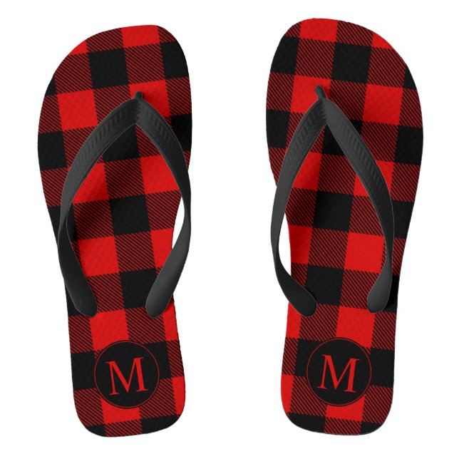 Red and Black Buffalo Plaid with Monogram Thongs (Footbed)