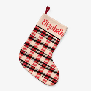 Red and Black Buffalo Plaid with Name Small Christmas Stocking