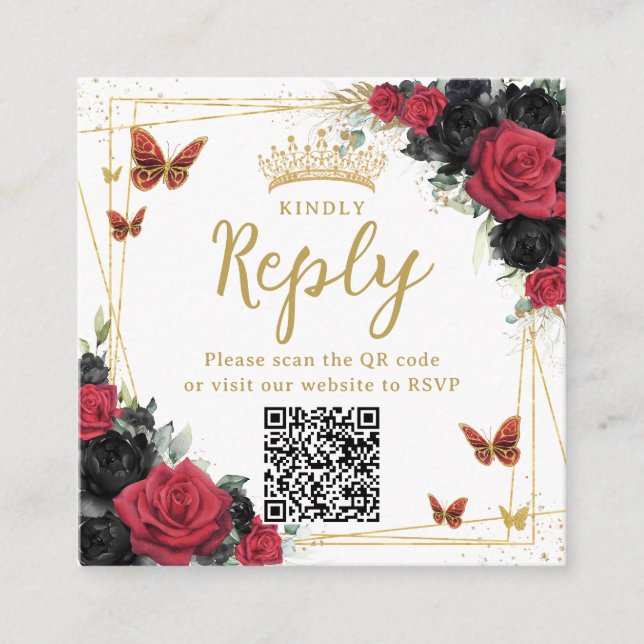 Red and Black Butterflies Quinceanera RSVP QR Code Enclosure Card (Front)