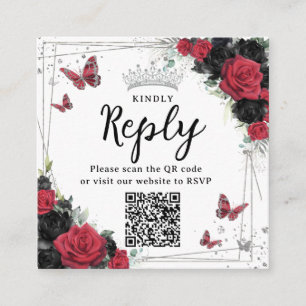 Red and Black Butterflies Quinceanera RSVP QR Code Enclosure Card