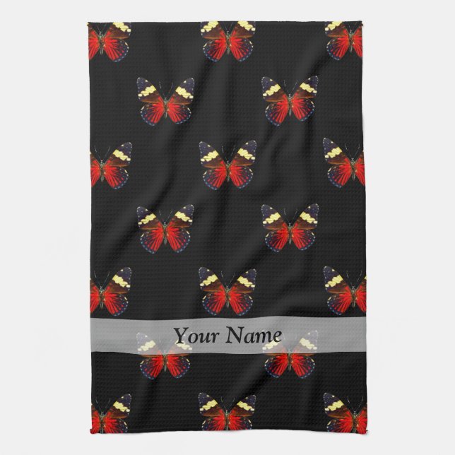 Red and black butterfly pattern tea towel (Vertical)