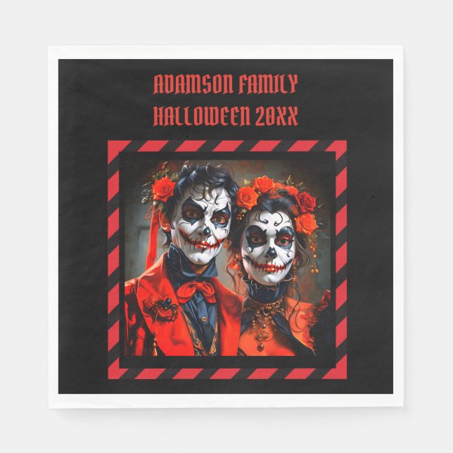Red and black Caricature Dia de los Muertos couple Napkin (Front)