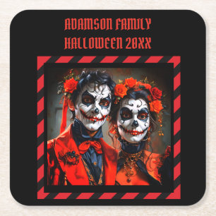 Red and black Caricature Dia de los Muertos couple Square Paper Coaster