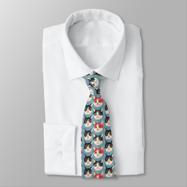 Red and Black Cats Pattern Tie (Tied)