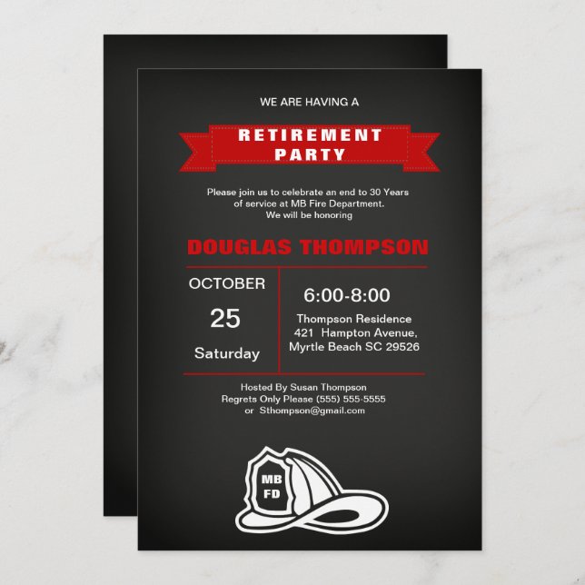 Red and Black Chalkboard  Firefighter Retirement   Invitation (Front/Back)