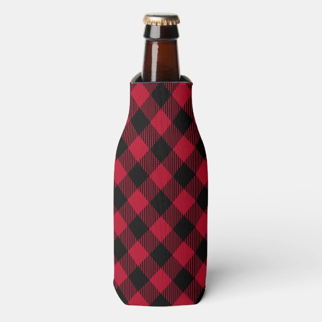 Red And Black Check Buffalo Plaid Pattern Bottle Cooler (Bottle Front)