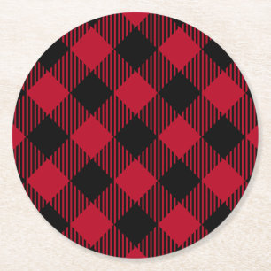 Red And Black Check Buffalo Plaid Pattern Round Paper Coaster