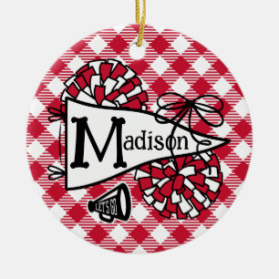 Red and Black Cheer Pennant Gingham Personalised Ceramic Ornament