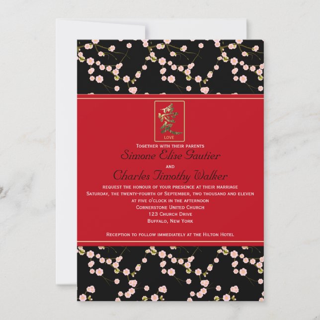 Red and Black Cherry Blossoms Wedding Invitation (Front)