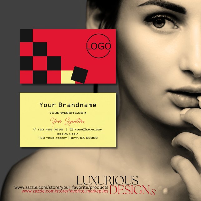 Red and Black Chessboard Yellow Modern with Logo Business Card (Creator Uploaded)