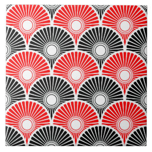 Red and Black Chinese Semi Circle Wave Pattern  Ceramic Tile