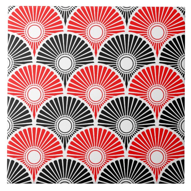 Red and Black Chinese Semi Circle Wave Pattern  Ceramic Tile (Front)