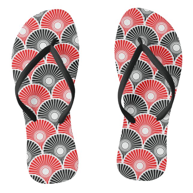 Red and Black Chinese Semi Circle Wave Pattern Thongs (Footbed)