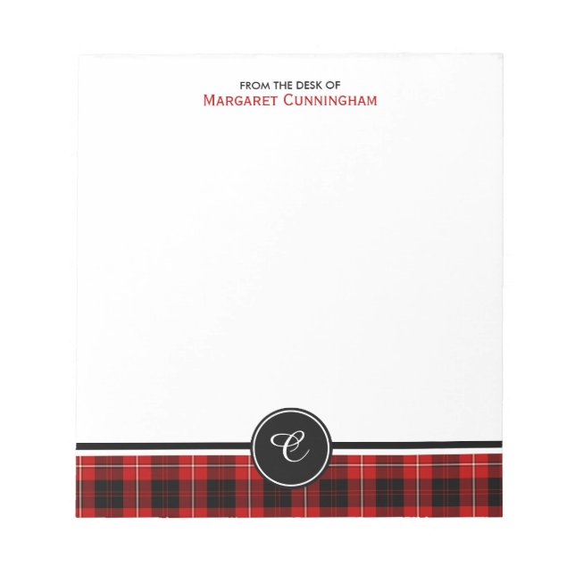 Red and Black Clan Cunningham Tartan Monogram Notepad (Front)