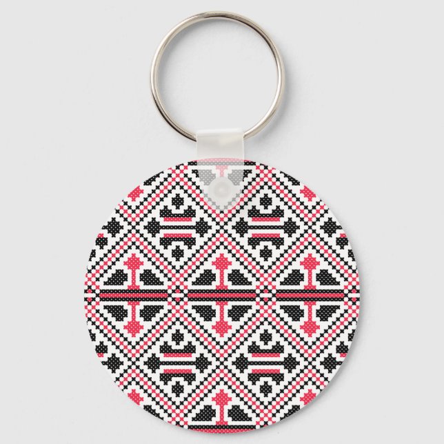 Red and Black cross-stitch Retro Pattern Key Ring (Front)