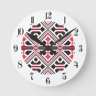 Red and Black cross-stitch Retro Pattern Round Clock