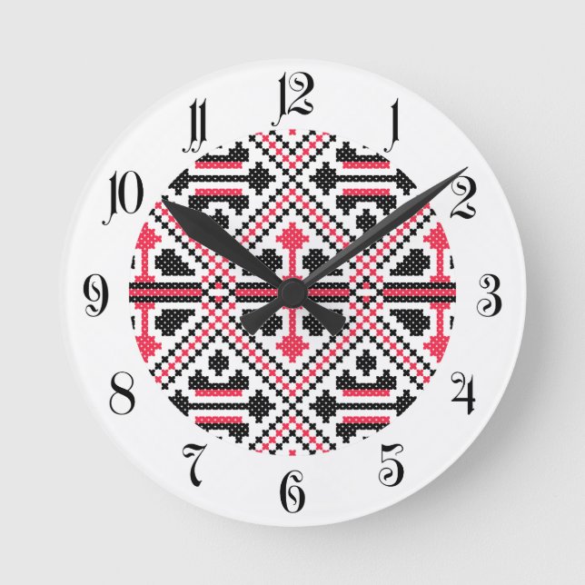 Red and Black cross-stitch Retro Pattern Round Clock (Front)