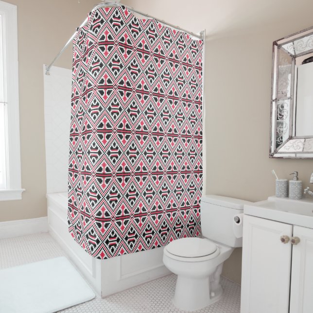 Red and Black cross-stitch Retro Pattern Shower Curtain (In Situ)