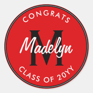 Red and Black Custom Graduation Classic Round Sticker