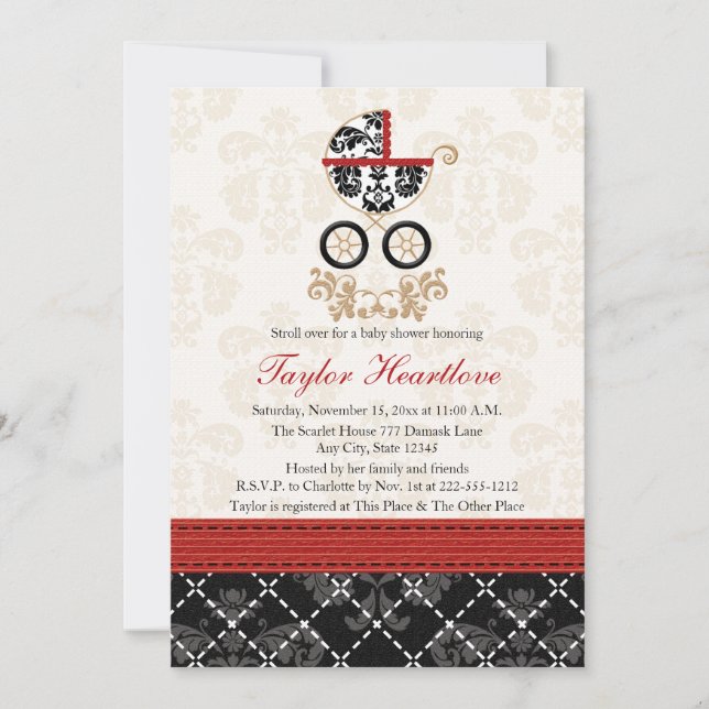 RED AND BLACK DAMASK BABY CARRIAGE BABY SHOWER INVITATION (Front)