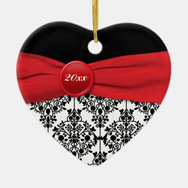 Red and Black Damask Christmas Keepsake Ornament (Front)