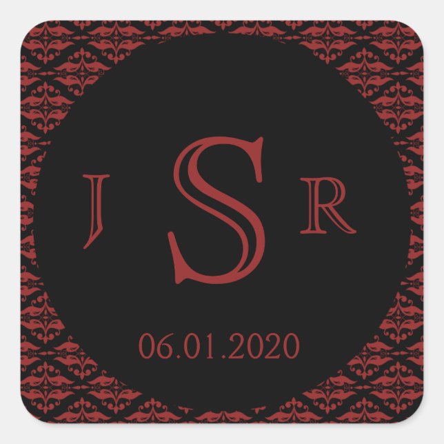 Red and Black Damask Gothic Monogram Sticker (Front)