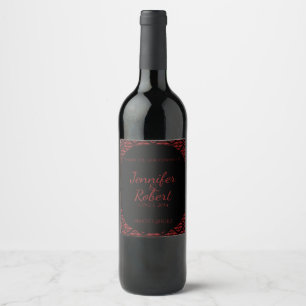 Red and Black Damask Gothic Wedding Wine Label