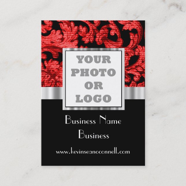 Red and black damask photo logo business card (Front)
