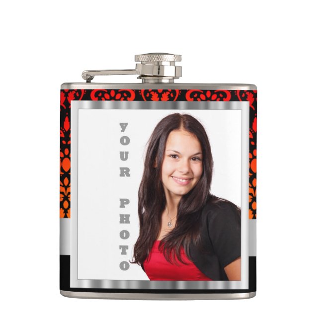 Red and black damask photo template hip flask (Front)