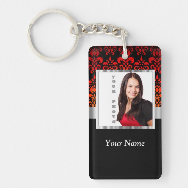 Red and black damask photo template key ring (Front)