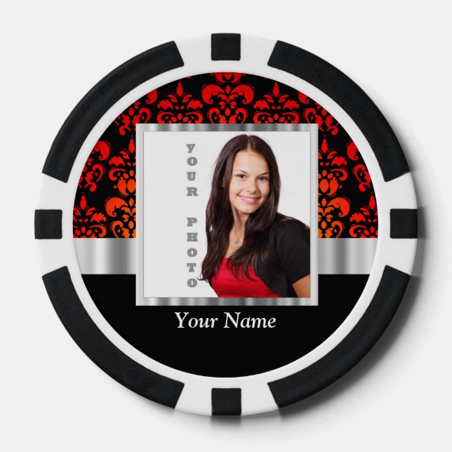 Red and black damask photo template poker chips (Front)