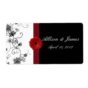Red and Black Damask Red Gerbera DaisyWine Label
