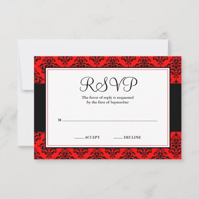 Red and Black Damask RSVP Response Card (Front)