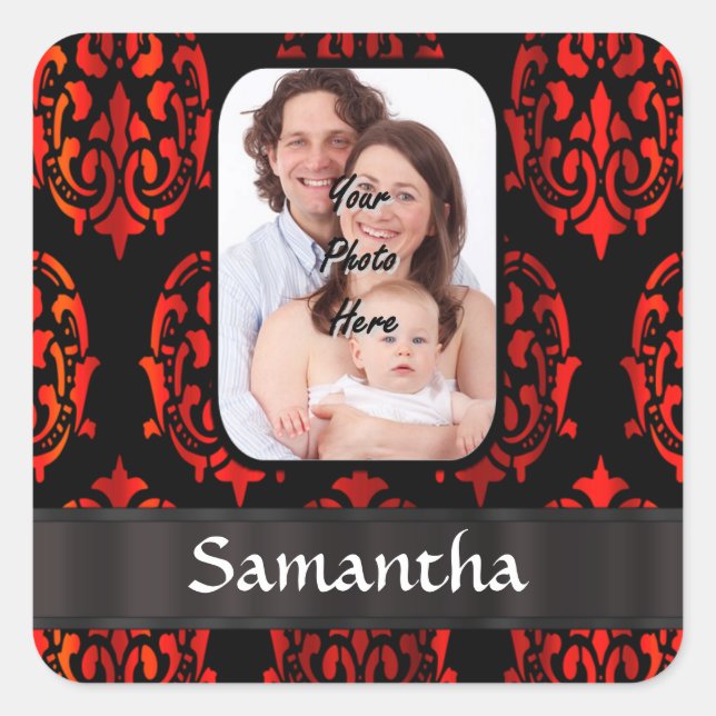 Red and black damask square sticker (Front)