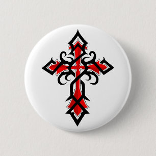 Red and Black Decorative Jesus Christ Cross 6 Cm Round Badge