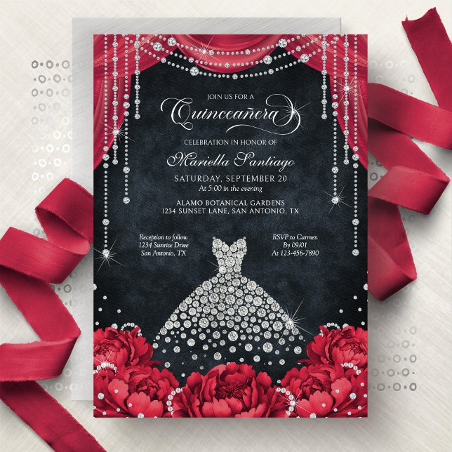 Red and Black Diamond Floral Quinceanera Invitation (Creator Uploaded)