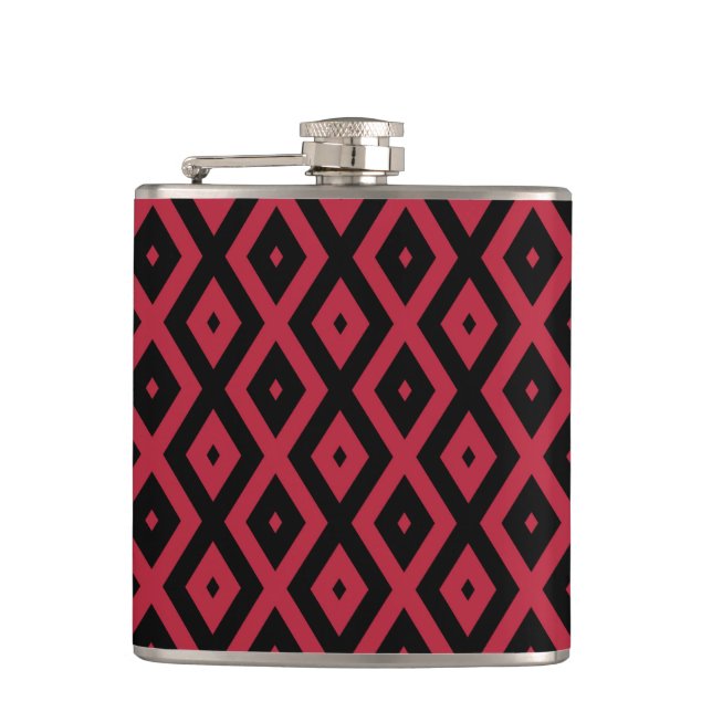 Red and black diamond pattern hip flask (Front)