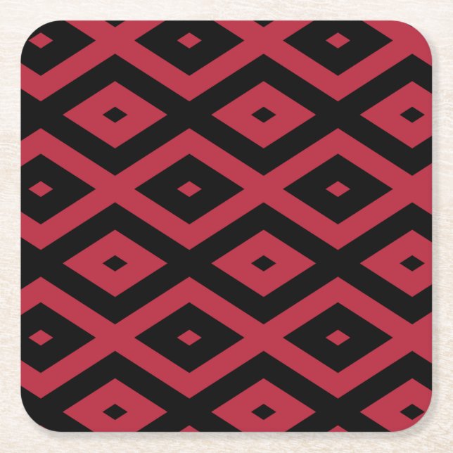 Red and black diamond pattern square paper coaster (Front)