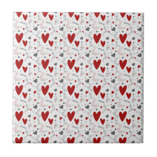 Red and Black Doodle Hearts Love Ceramic Tile