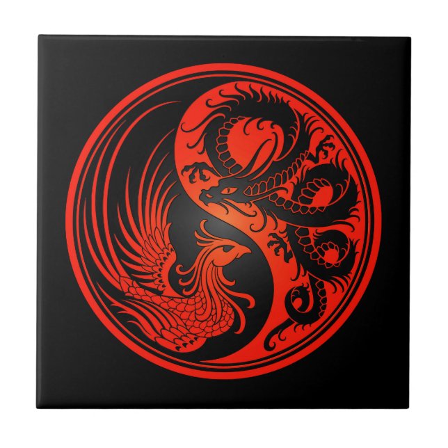Red and Black Dragon Phoenix Yin Yang Ceramic Tile (Front)