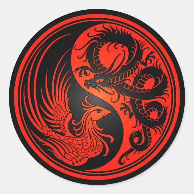 Red and Black Dragon Phoenix Yin Yang Classic Round Sticker (Front)