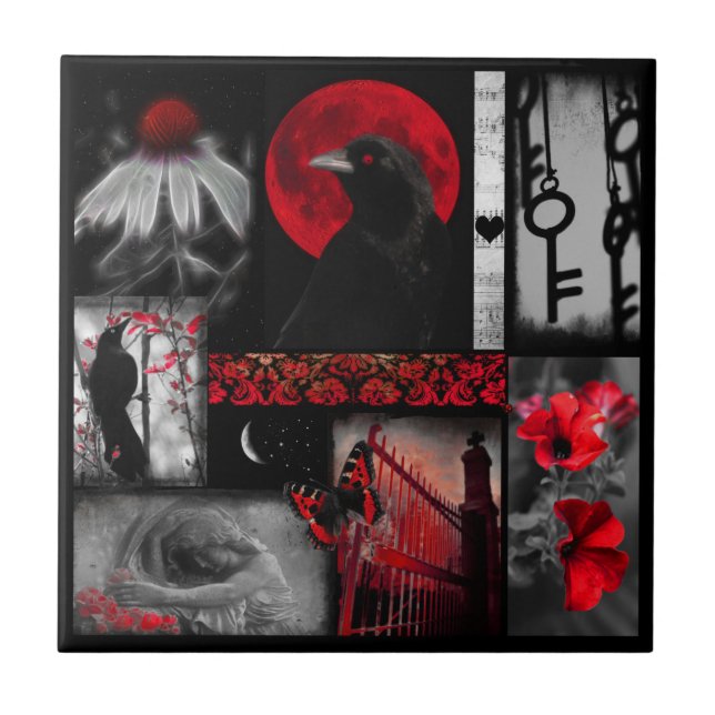 Red And Black Eclectic Crow Art Ceramic Tile (Front)
