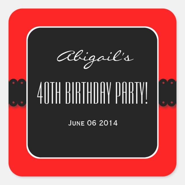 Red and Black Elegant 40th Birthday Party V09 Square Sticker (Front)